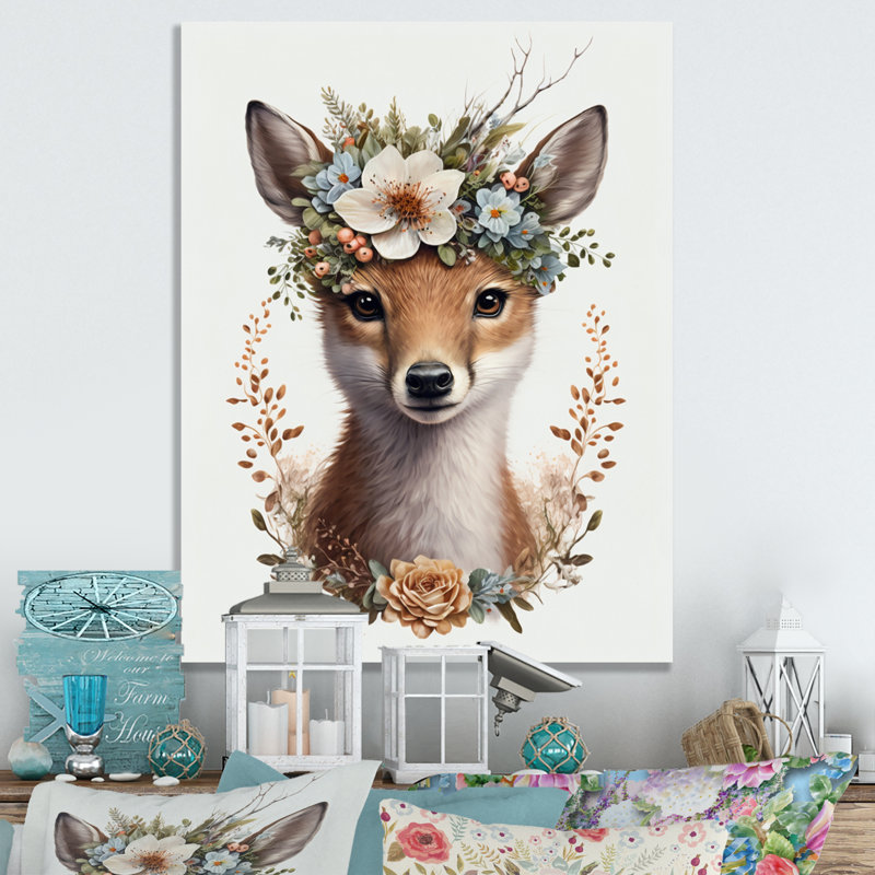 Adorable bébé renard avec couronne florale II - reproduction d'art sur toile, H 32 po x l 16 po x P 1 po, Toile tendue