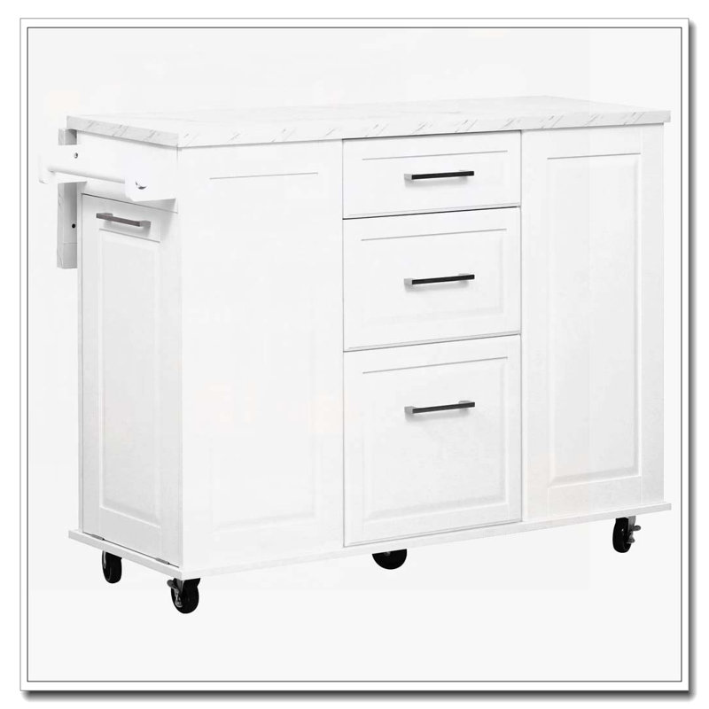 Rolling Kitchen Island with Storage Tilt Trash Can Cabinet and Pull Out Cabinet Organizer, White