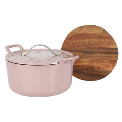 Bloomhouse 7 Qt Cast Iron Dutch Oven w/ Lid, European Enamel, & Walnut Wood Trivet - Oat White