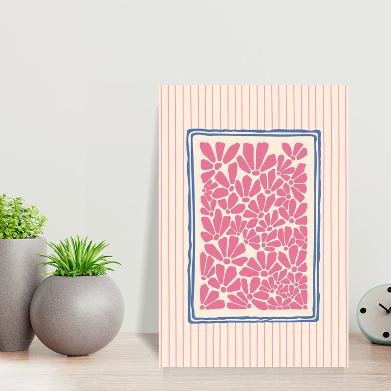 Pink Blooms And Stripes Abstract Bold Modern Nature Spring Wall Art Print by Mathieu - Wrapped Canvas Print