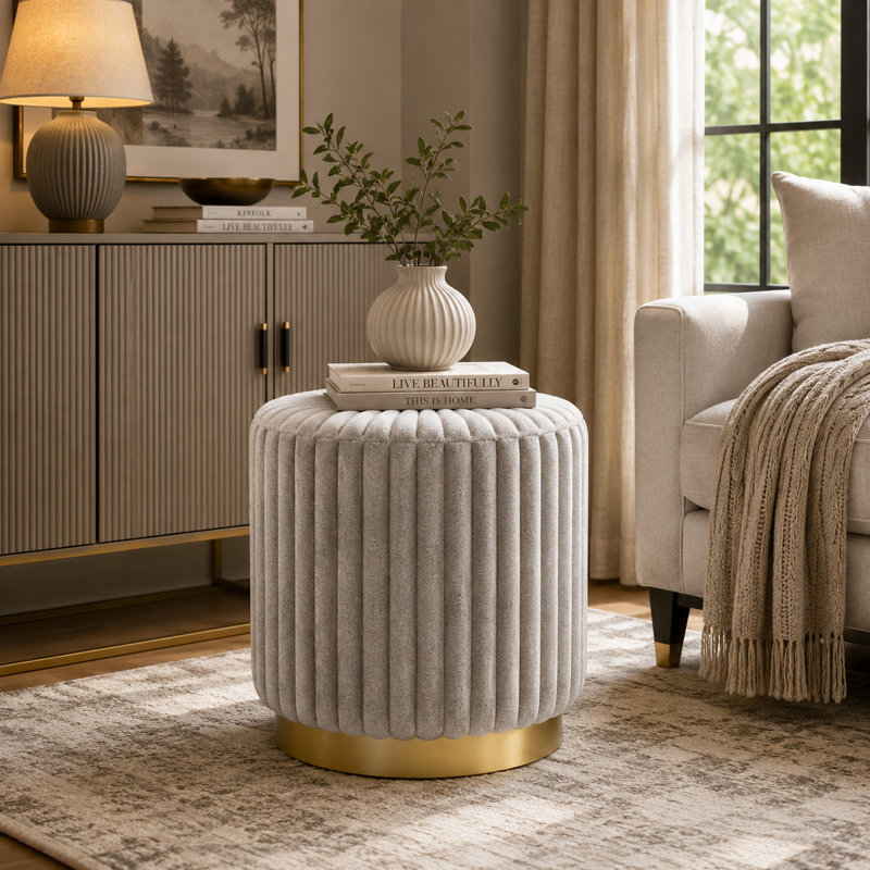Tabouret Zelda avec base en acier doré et tissu cannelé gris, Grey/Gold