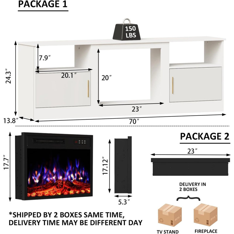 70" TV Stand with 23" Electric Fireplace, White