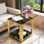Table de bout moderne carrée avec plateau en verre trempé, tablette inférieure et structure asymétrique en métal-486463242
