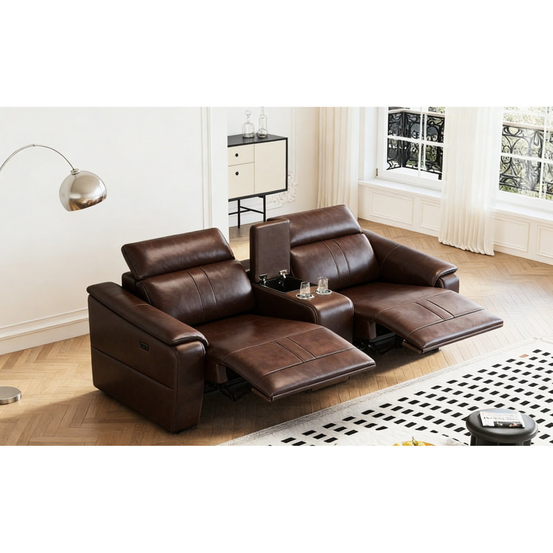 Canapé d'angle moderne brun foncé 3 sections avec 2 porte-gobelets et fauteuil inclinable électrique réglable, confortable et idéal pour le salon. Ses supports intégrés et ses sièges inclinables en mousse haute densité en font un meuble idéal pour les petits espaces.
