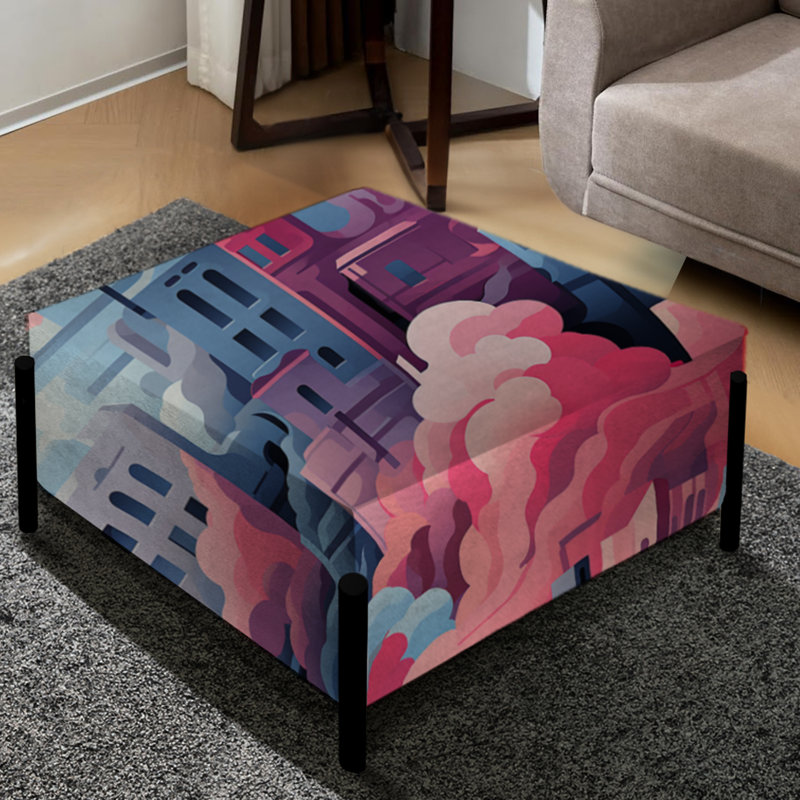 Motif de paysage urbain bleu et rose - grand repose-pieds carré abstrait