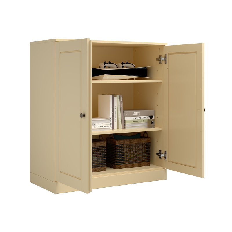 Meuble télé 100% bois massif, console de téléviseur de 32 po de largeur avec portes à panneau surélevé et rangement, Jaune