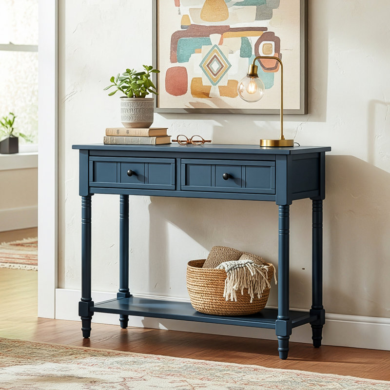 Console de 35,34 po avec deux tiroirs de rangement et une tablette inférieure, structure en bois massif, style moderne élégant, entrée, salon, chambre à coucher
