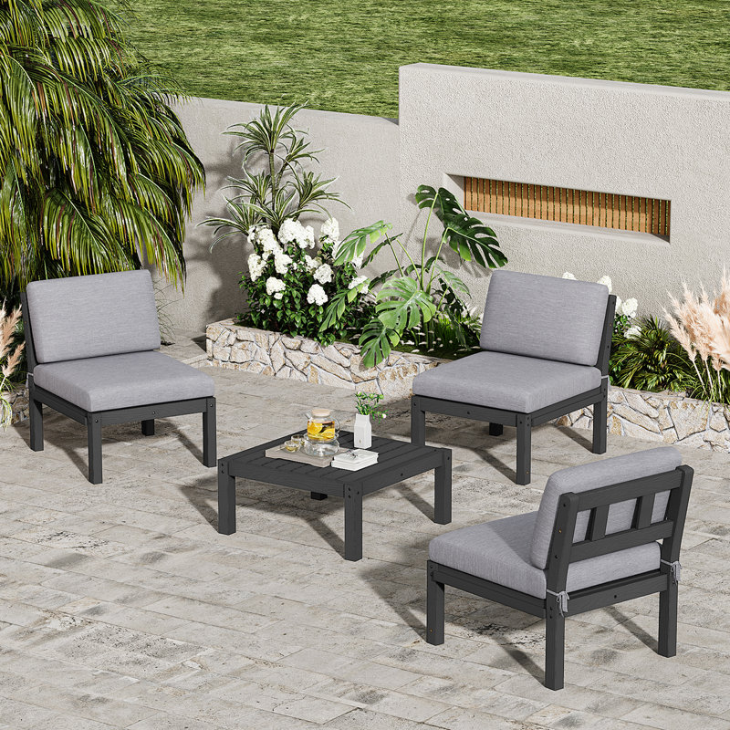 Ensemble de conversation modulaire de patio pour 3 personnes avec coussins, ensemble de conversation 4 pièces imperméable toutes saisons pour l'extérieur, noir