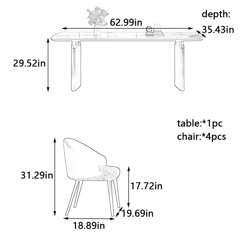 Ensemble de table de salle à manger et chaises en composite, H 29,52 po x L 62,99 po x l 35,43 po