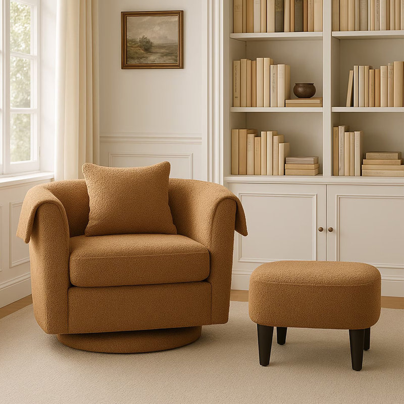 Chenille Swivel Accent Chair with Ottoman, Brown