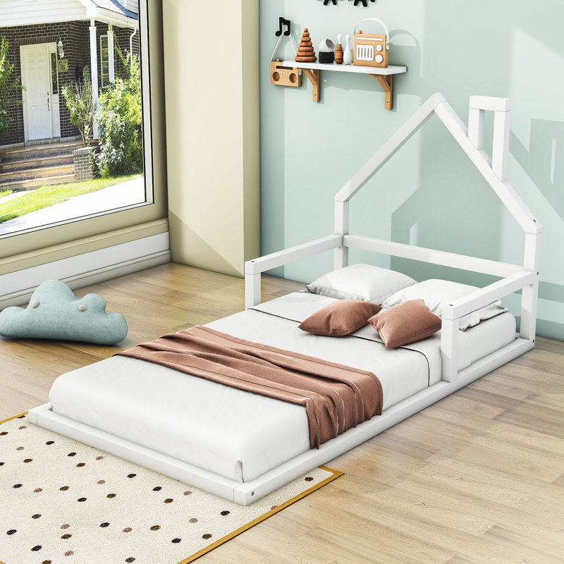 Twin Size Wood Platform Bed with Headboard, White
