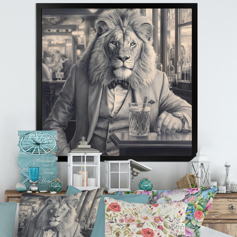 Lion ayant une boisson sur toile, 16" H x 16" W, Black Picture Framed