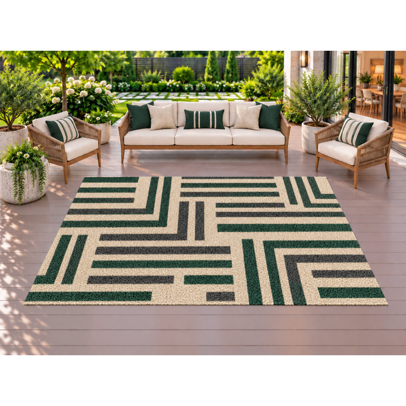 Tapis d'extérieur 152 x 213 cm, motif labyrinthe géométrique vert, épais, imperméable, en PVC bouclé, résistant et à séchage rapide, idéal pour terrasse, balcon, entrée, VR et autres espaces de vie.