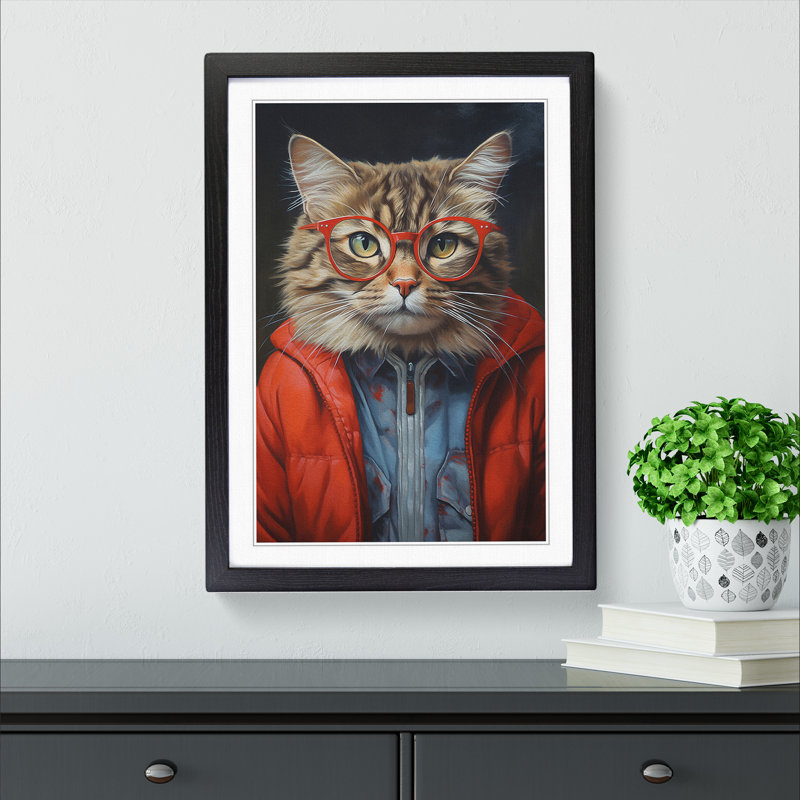Cat With Glasses No.3 - Single Picture Frame Print on Wood, Black, 46cm H x 34cm W x 2cm D