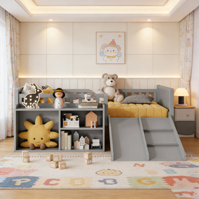 Low Loft Bed For Kids With Slide, Movable Bookshelf Storage, And Guardrails, Ideal For Fun And Safety In Small Spaces