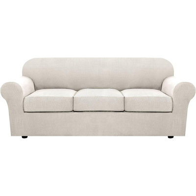 Ensemble de housse extensible pour canapé - ivoire - Housse de canapé 4 pièces pour canapé à 3 coussins, tissu jacquard amélioré plus épais