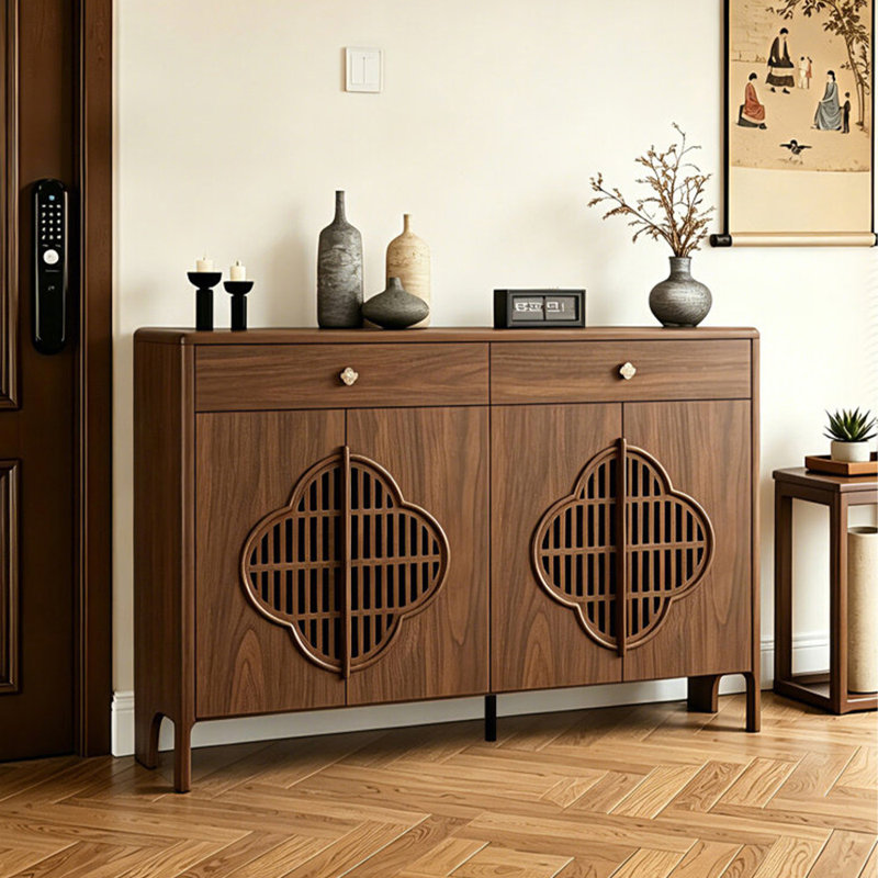 55.12"Brown Oriental Slatted Solid Wood Shoe Cabinet