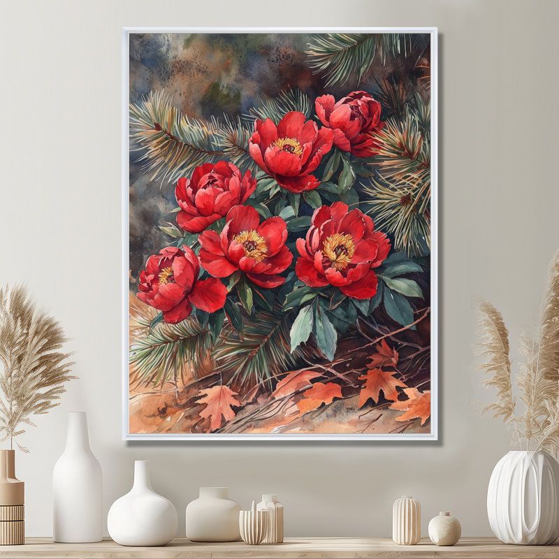 Pe pivoines parmi les pins d'automne III - pivoines, reproduction sur toile encadrée, H 40 po x l 30 po, Blanc