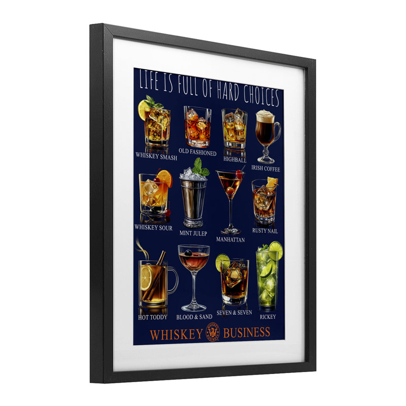 «Whiskey Hard Choix», reproduction encadrée sous verre, conception de Jim Baldwin, H 16 po x l 13 po, Cadre noir minuit