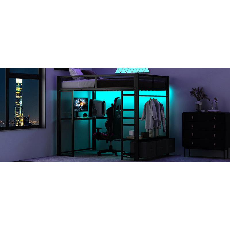 Lit mezzanine de jeu noir en métal pleine grandeur avec tablette à DEL, bureau, garde-robe ouverte et 3 tiroirs en lin