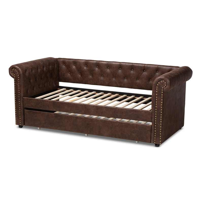 Mickel Upholstered Twin Daybed with Trundle, Brown