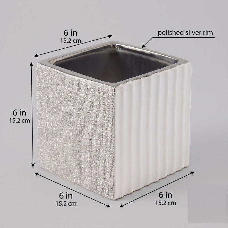 Elegant Dual-Texture Ceramic Square Vase, Silver & White, 6x6x6 in.