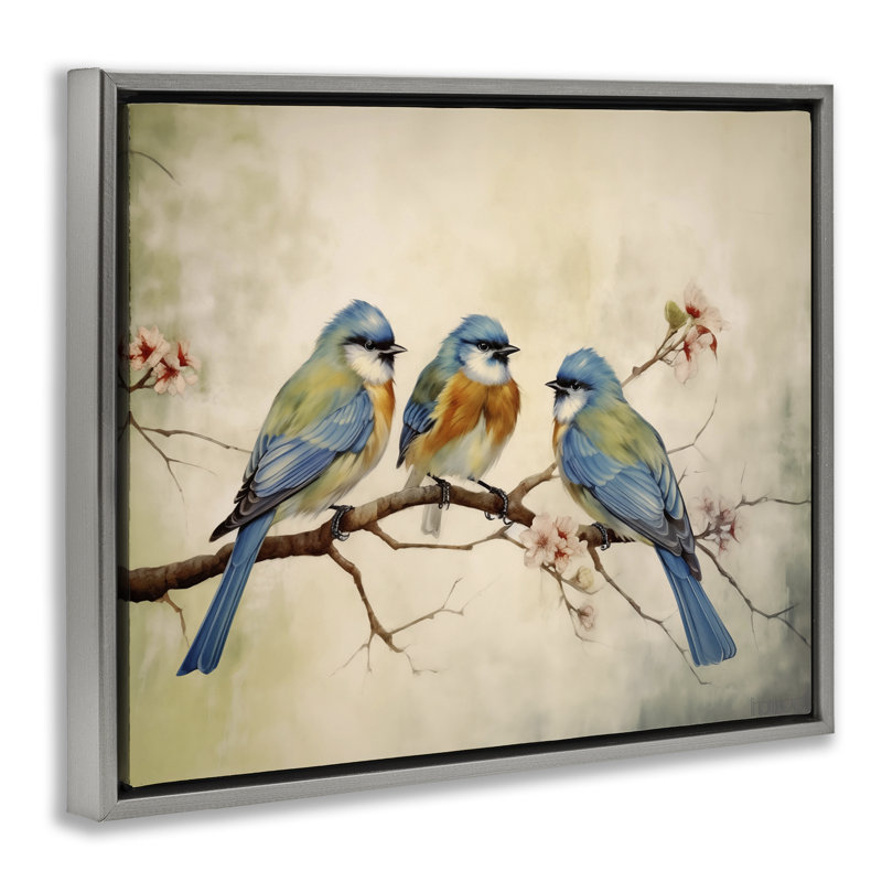 Trio d'oiseaux sur un cadre flottant branche, design par Arlington Prints, H 25 po x l 31 po, Cadre flottant gris lustré