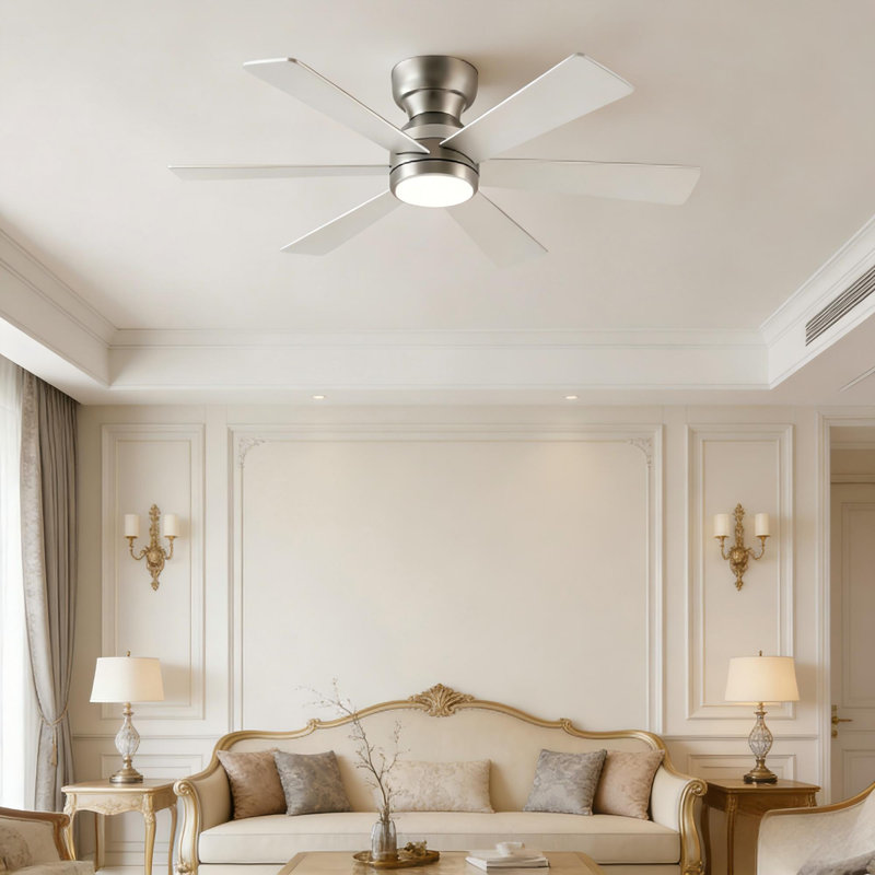 Ventilateur de plafond moderne à profil bas de 46 po avec lumière DEL intégrée, Nickel, Blanc