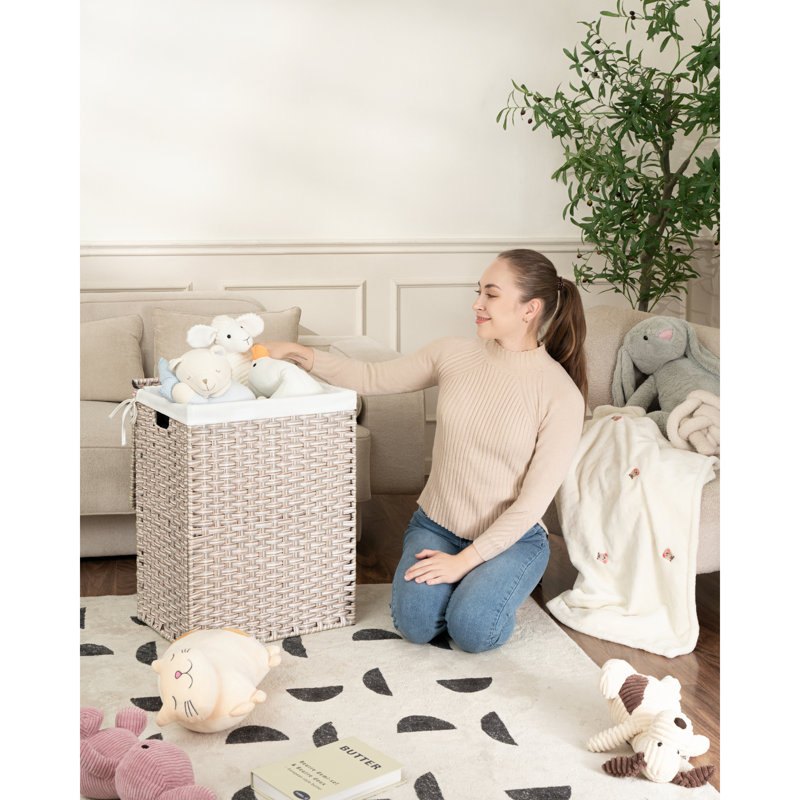 Panier à linge avec couvercle PE en rotin thermolaqué, Naturel