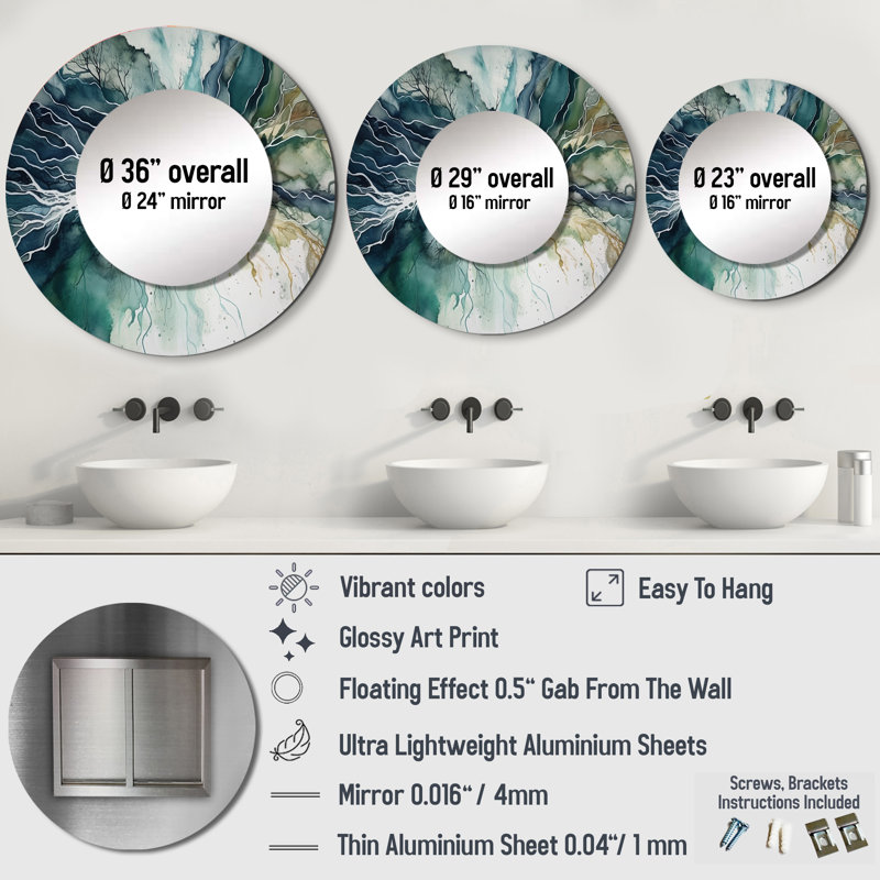 Greidis Green Blue Marbled Dreamscape II - Geometric Large Mirror, Modern Round Unique Wall Mirror Decor, Printed Metal Art