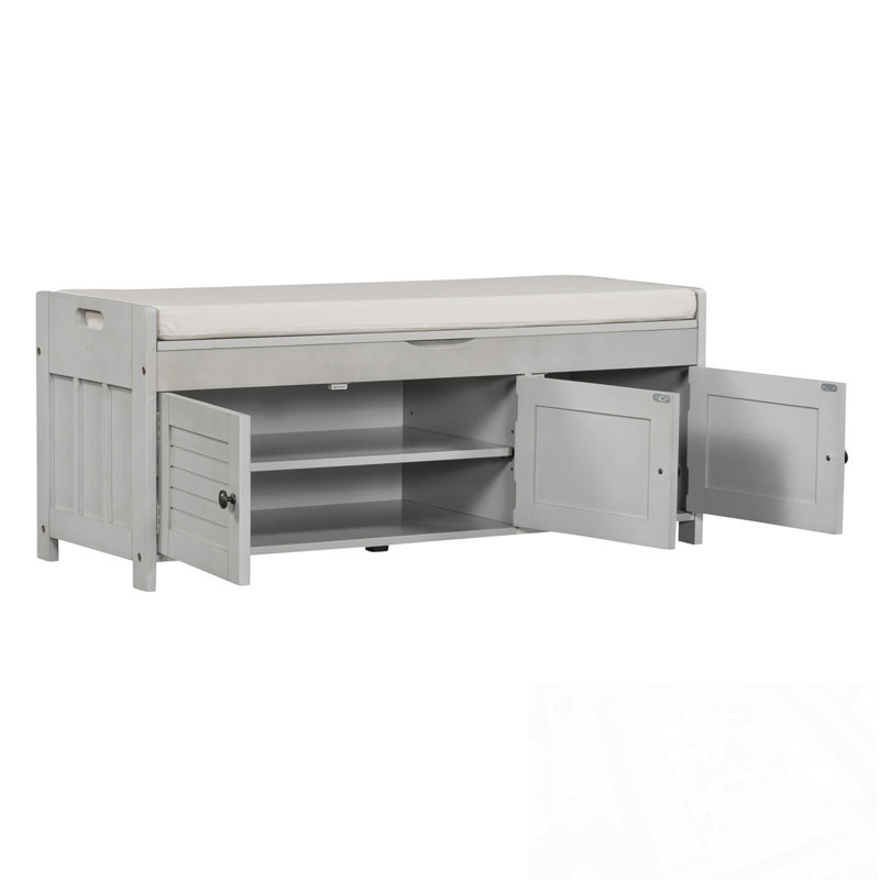 Banc de rangement en bois pour hall d'entrée avec 3 portes en forme de volet, Gris délavé