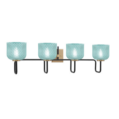Barre d'éclairage de salle de bain 4 lumières Amarmula, noir mat et laiton vieilli, verre texturé turquoise 6 po