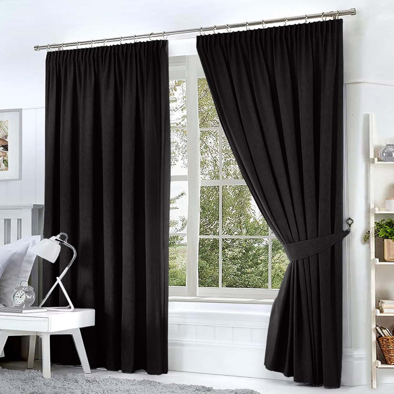 Blackout Pencil Pleat Curtains - Light Blocking, Thermal Insulated Window Drapes, Black, 117cm Width x 137cm Drop