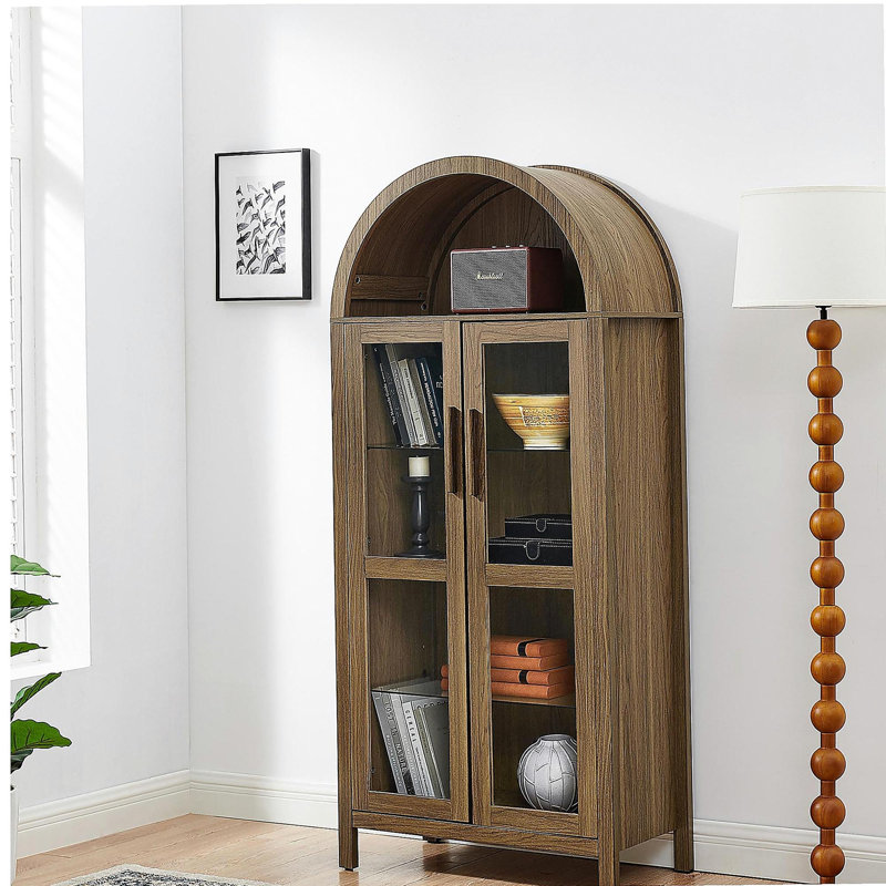 Arched storage cabinet with lights, modern retro style wooden storage cabinet with adjustable glass shelves, suitable for a multi-functional storage cabinet in the kitchen - brown