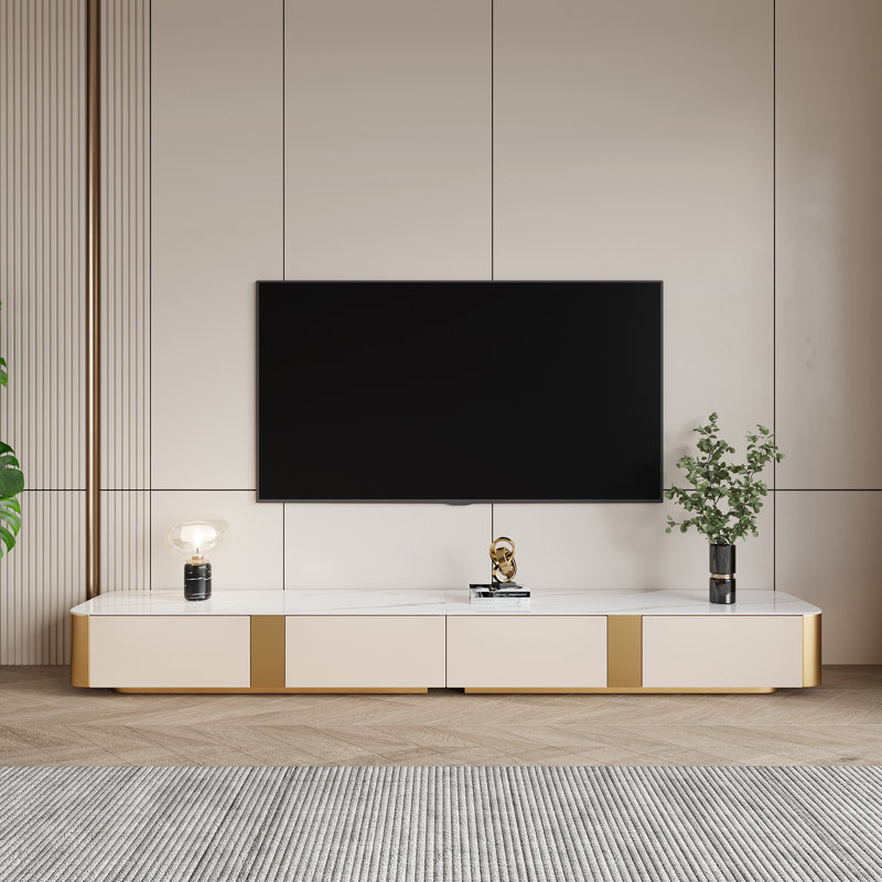 Meuble télé 94,5 po avec 4 tiroirs pour salon et centre de divertissement avec base dorée pour téléviseur de 100 po ou moins blanc et doré