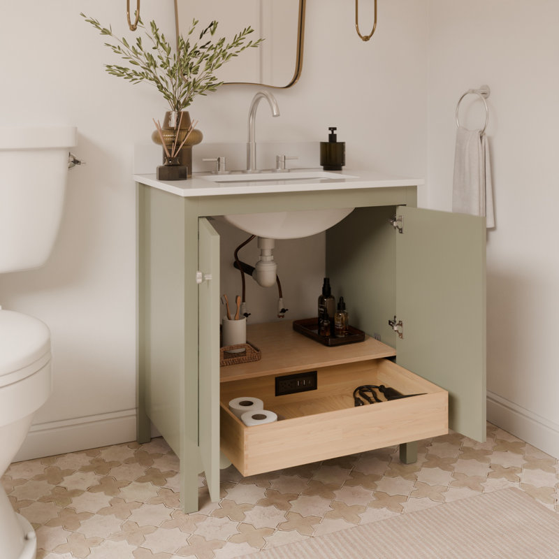 Meuble-lavabo simple festonné 30 pouces - Satin olive - Sans comptoir - Boutons en nickel brossé, Nickel brossé, Vert