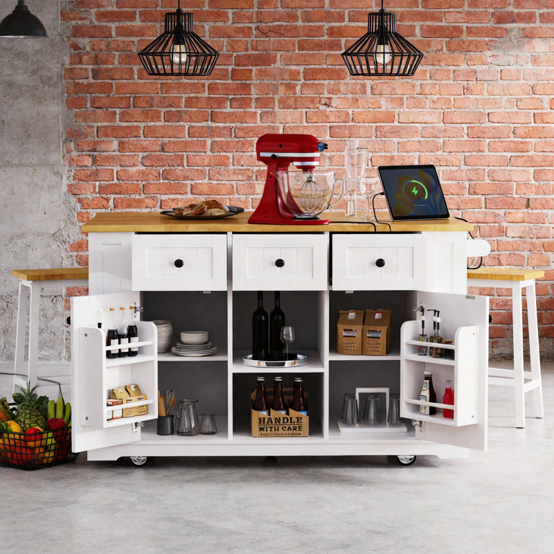 53" Kitchen Island with 2 Bar Stools & Power Outlet, Large Rolling Kitchen Cart with Drop Leaf, 3 Drawers, Internal Door Racks & Side Spice Shelves