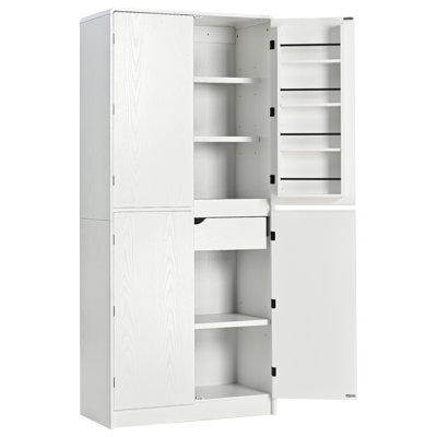72" Tall Farmhouse Kitchen Pantry Cabinet With 8 Door Shelves, Curved Design Storage Cabinet With 3 Adjustable Shelves, Hidden Drawer, Versatile Cupboard For Kitchen, Dining & Bathroom, White
