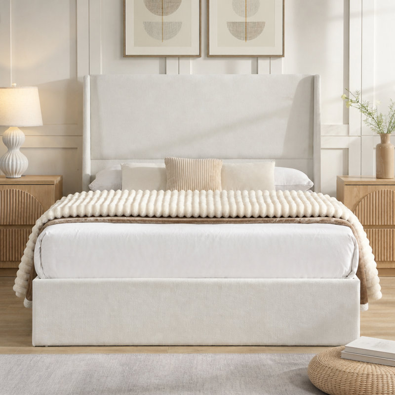 Lit tapissier à haute tête de lit haute, base de lit autoportante, base de lit grand, support à 12 lattes, facile à assembler, beige, toile de chenille, aucun sommier nécessaire