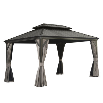 Pavillon de jardin à toit rigide 10 pi x 14 pi, pavillon en métal amélioré avec système de drainage, toit en acier galvanisé à double couche, rideau et filet, auvent d'abri extérieur pour patio, jardin et cour arrière, brun