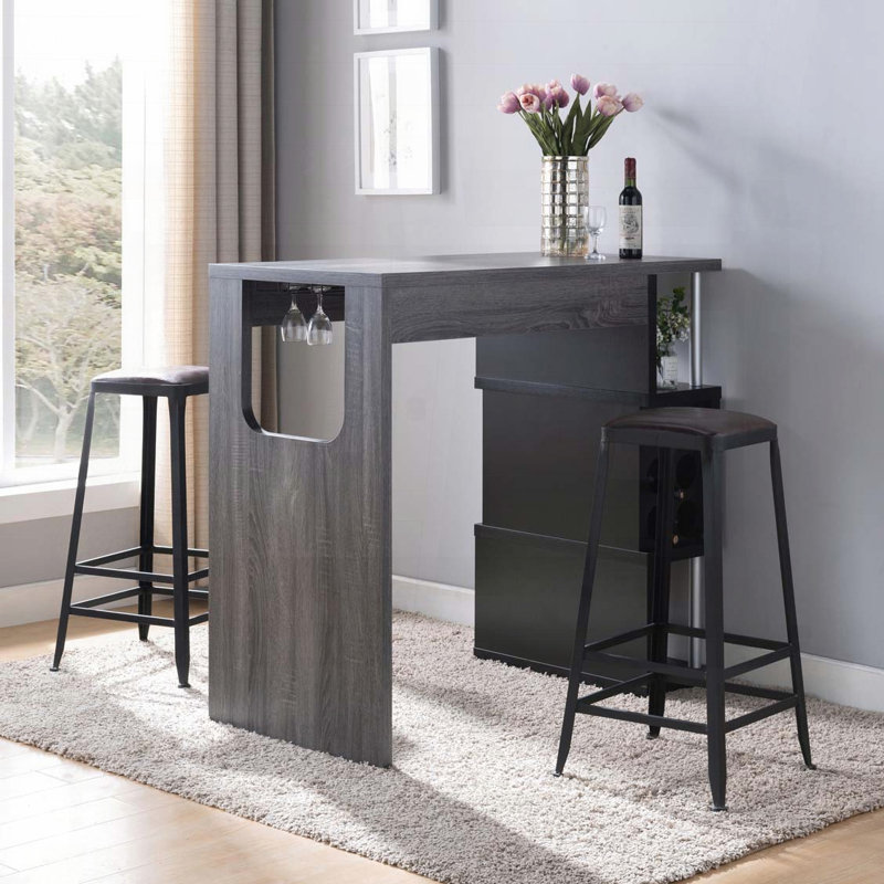 Table de bar à deux tons avec compartiment pour verres à vin et trois tablettes - gris vieilli et noir
