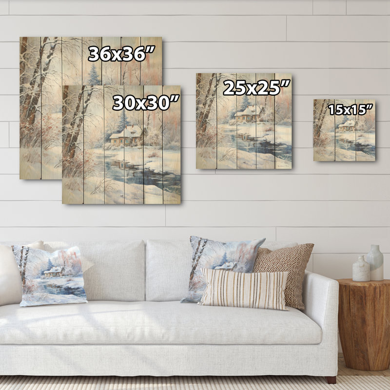 «Winter Charm At Country Home - Winter Landscape», art mural sur bois de pin naturel, H 15 po x l 15 po