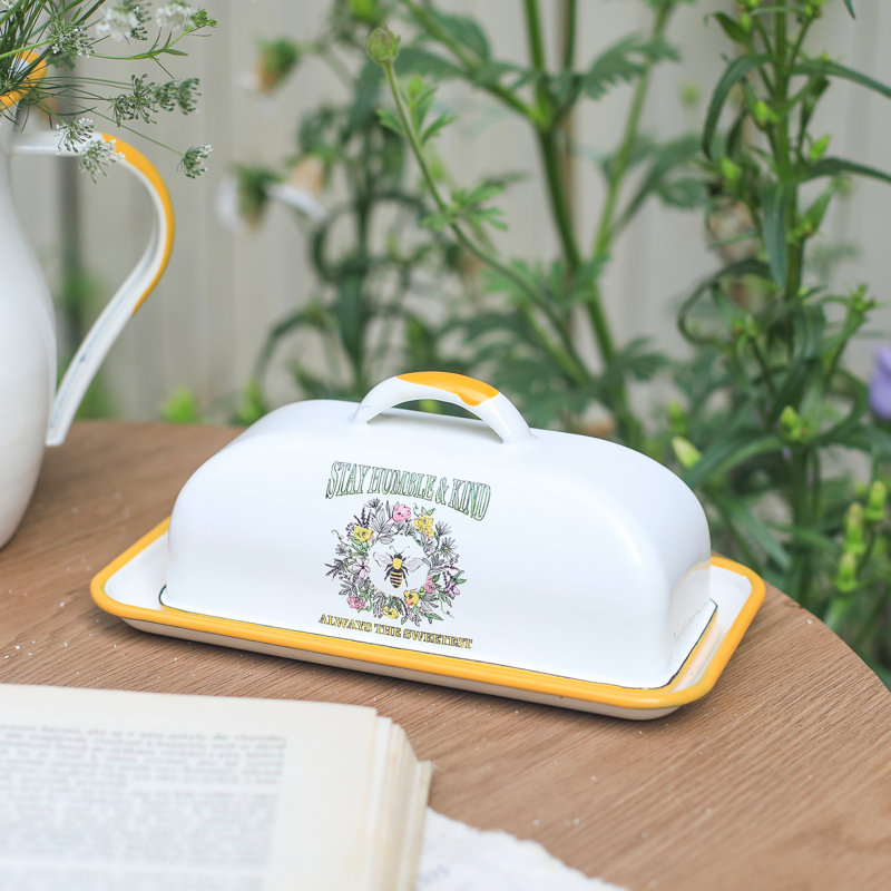 Beurrier en émail avec couvercle, Abeille jaune