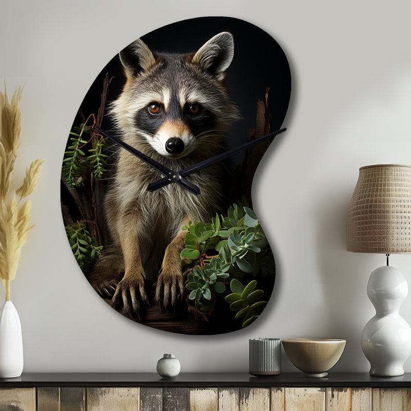 Siman Vibrant Raccoon Portrait I - Horloge murale en forme de raton laveur en forme unique, horloge murale asymétrique, Petit