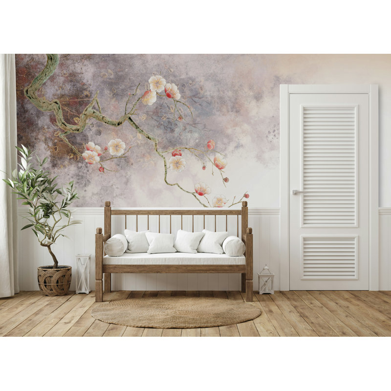 Papier peint beige avec branches de prunier doux, L 115 po x l 225 po