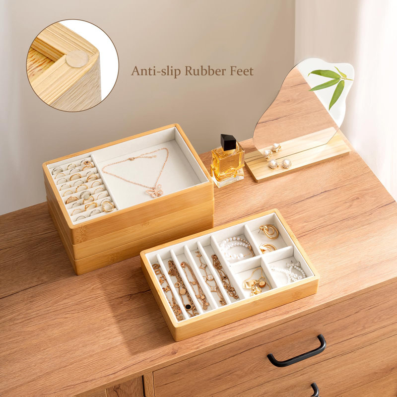 4-Set Bamboo Stackable Jewellery Organizer Tray, Jewellery Drawer Inserts Container Display Case Storage With Removable Dividers -Warmwhite