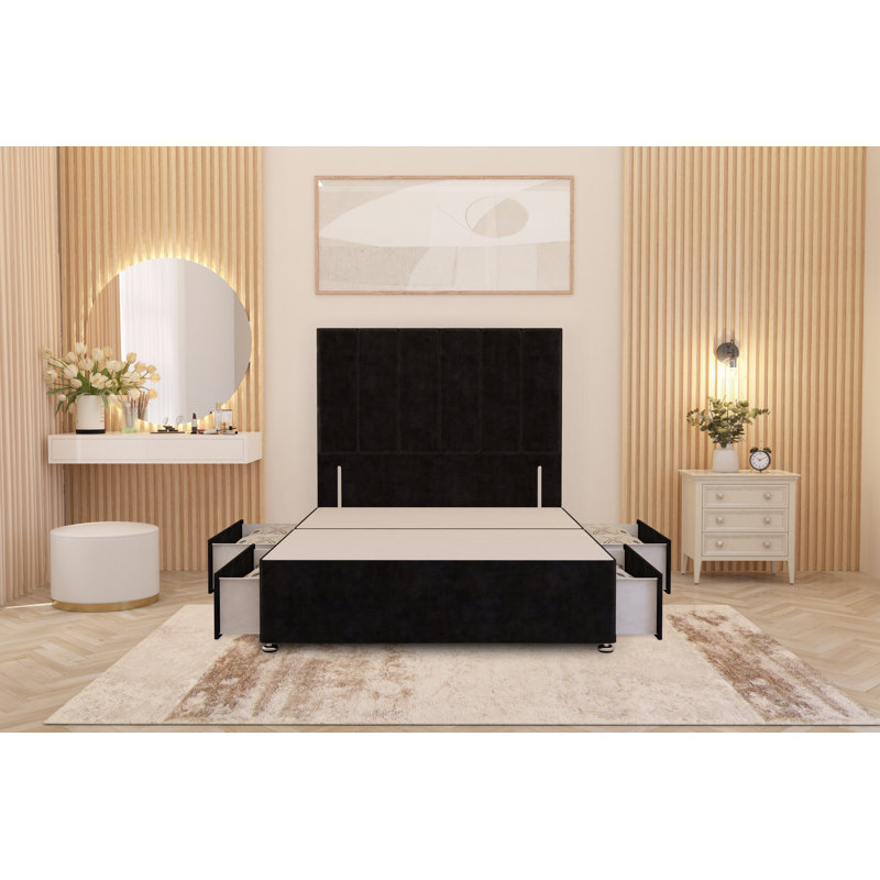 Asterin Divan Bed Base with 54" Floor Standing Headboard Plush Velvet, Black, Double (4'6), 4 Drawers