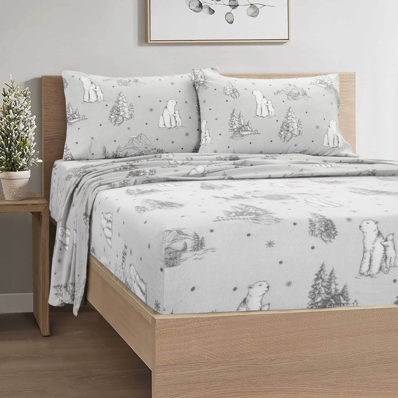Gray Cotton Flannel King Sheet Set with Polar Bear Print