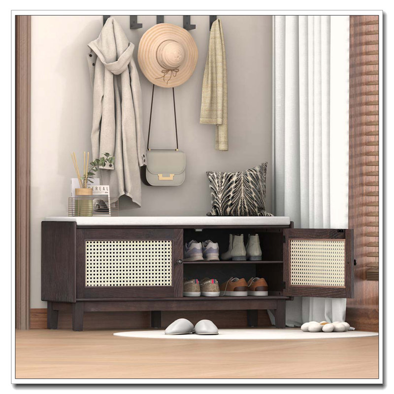 Boho Rattan Entryway Storage Bench with Removable Cushion and Adjustable Shelves