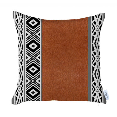 Rustic Brown Faux Leather Geometric Throw Pillow
